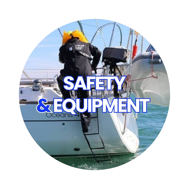 TeamO PFD with BackTow technology and other essential marine safety items on display. Ensure your safety on the water with top-quality products from Cruising Solutions.