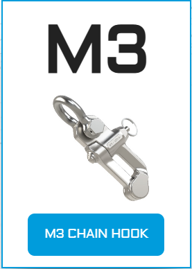 This is a close up image of the new M3 chain hook made by Mantus for anchors and anchor chains.