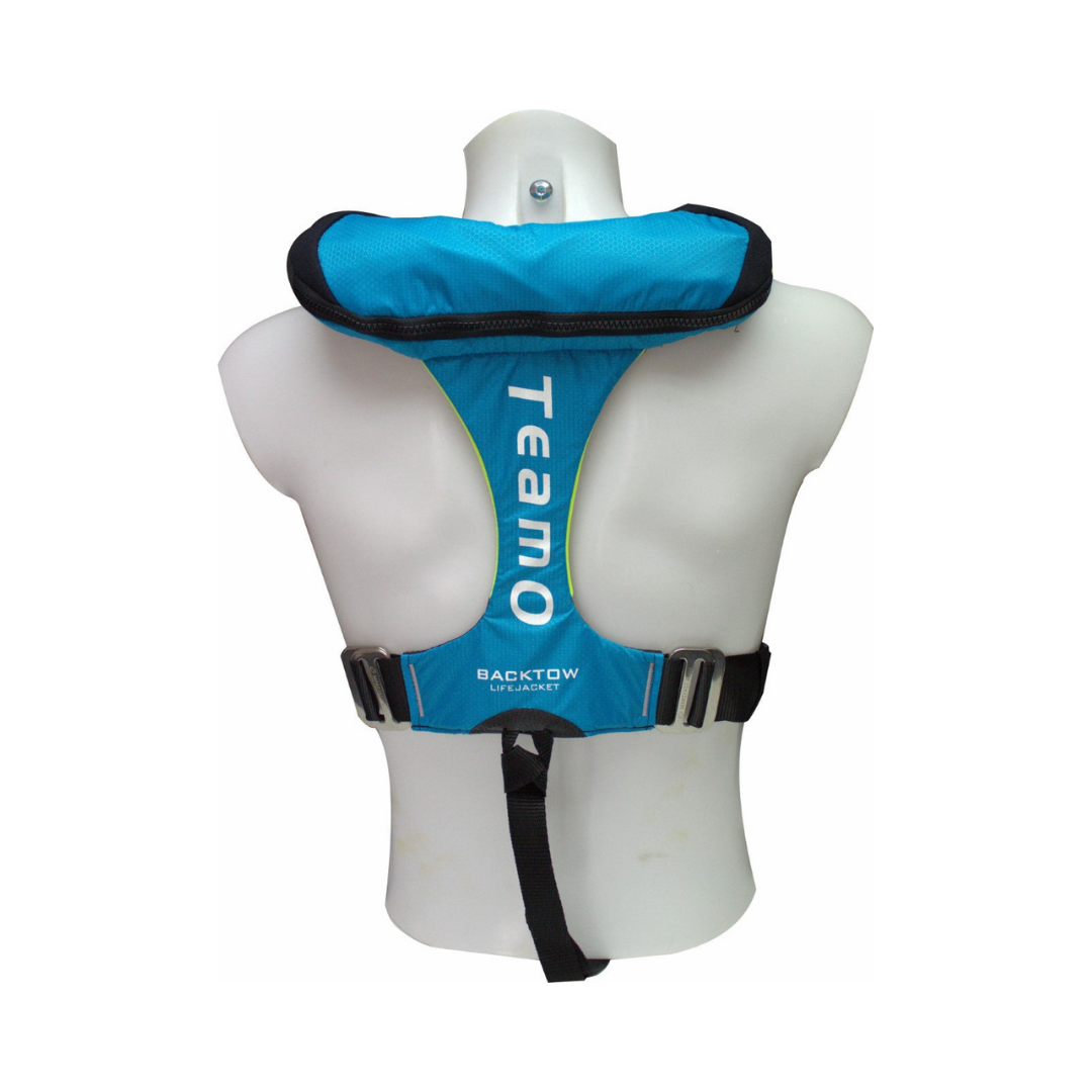 Back view of the Blue inflatable PFD by TeamO shows the maneuverablity of the PFD when wearing for boating