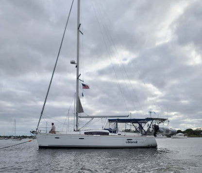 Image showing two people anchoring their boat wearing th marriage savers aslo known as the brand 2Talks made by My Team Talks the manufacture. The couple is not yelling and able to communicate easily.